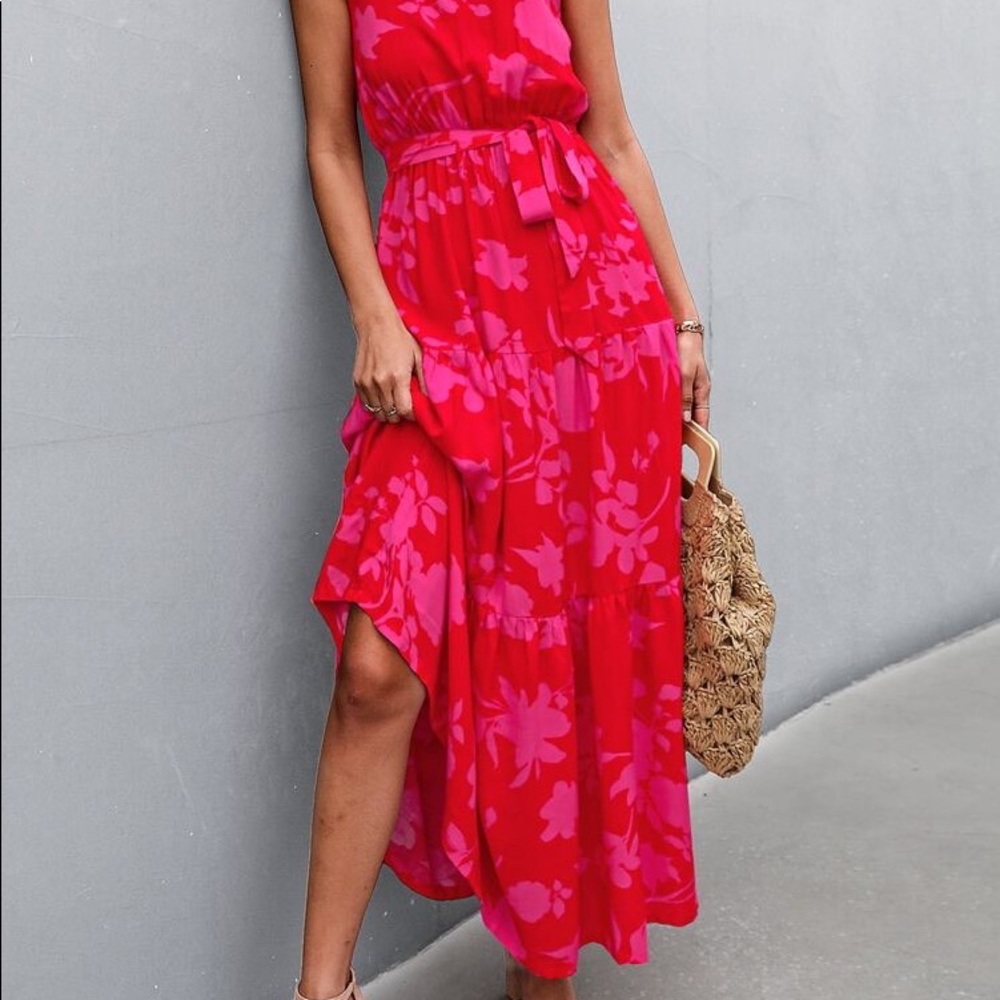 Plus Size Boho Red Pink Floral Print Halter Maxi Dress - Picture 5 of 9